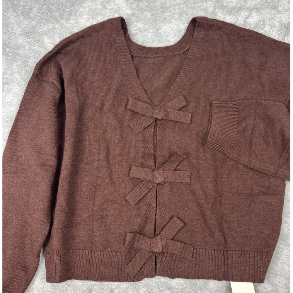 NWT Saodimallsu Long Sleeve Crop Knit Sweater Vneck Bow Sz L Coffee Brown
